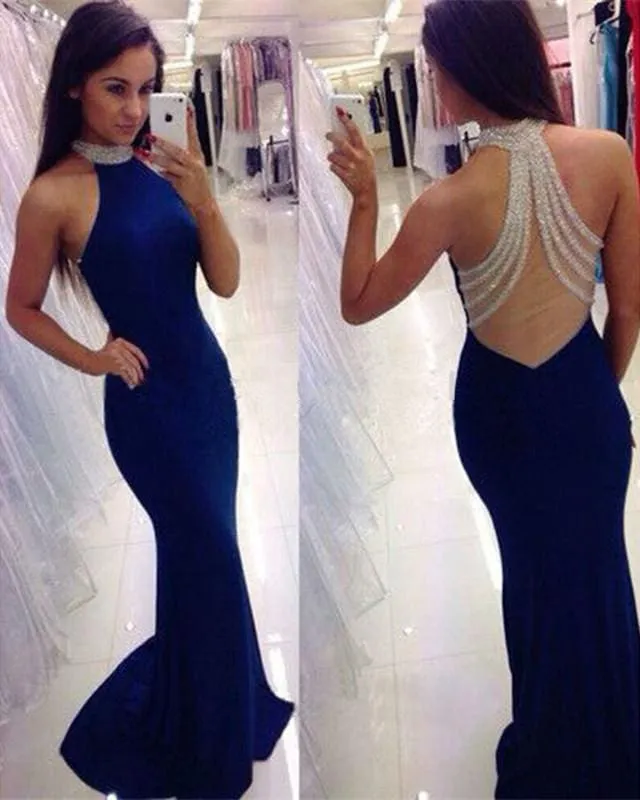 Bridelily Gorgeous Mermaid Beadings Sleeveless High Neck Prom Dresses 2019