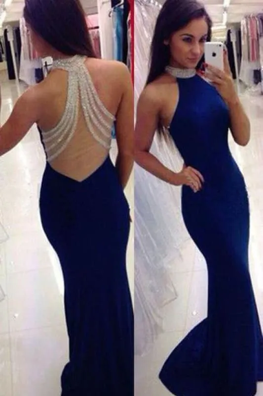 Bridelily Gorgeous Mermaid Beadings Sleeveless High Neck Prom Dresses 2019
