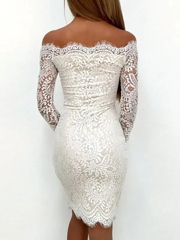 Bridelily Sheath Long Sleeves Off-the-Shoulder Lace Short/Mini Dresses