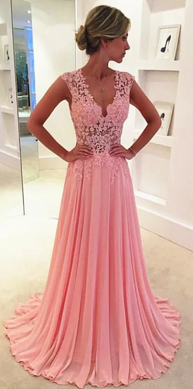 Bridelily V-neck Pink Long Prom Dresses Sleeveless Evening Dress CE043