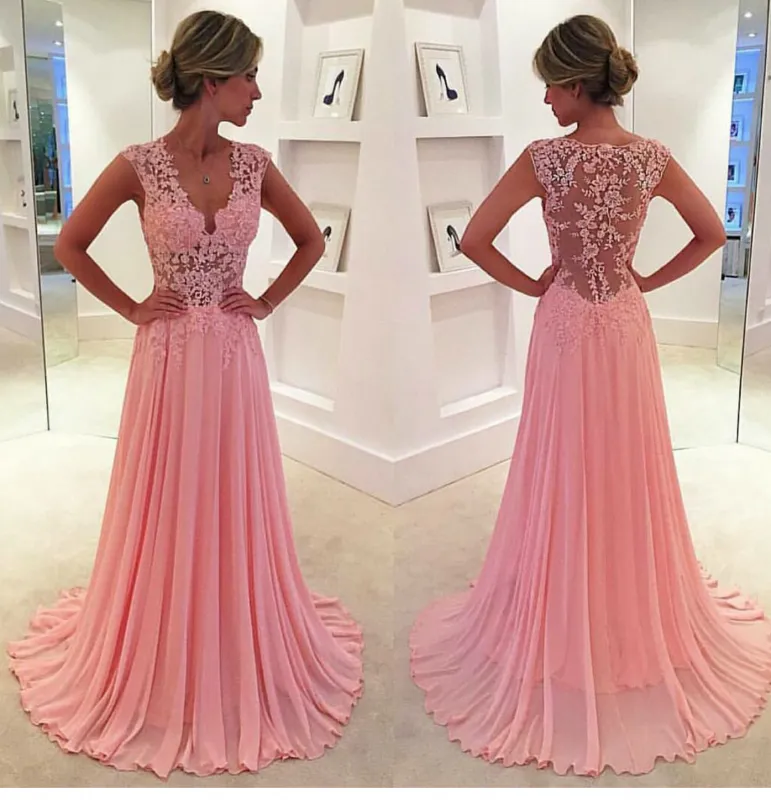 Bridelily V-neck Pink Long Prom Dresses Sleeveless Evening Dress CE043