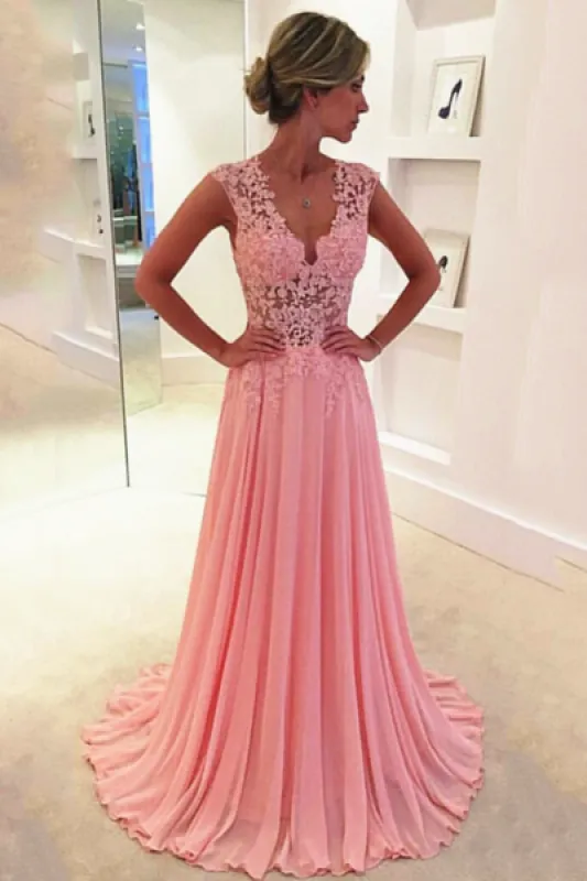 Bridelily V-neck Pink Long Prom Dresses Sleeveless Evening Dress CE043