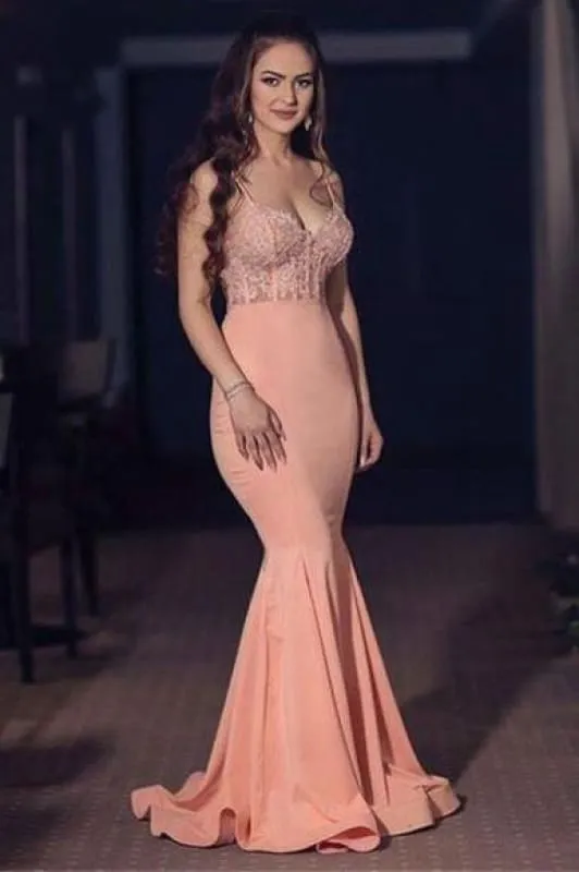 Bridelily V-neck Spaghetti Floor-length Chiffon Appliques Mermaid Prom Dresses