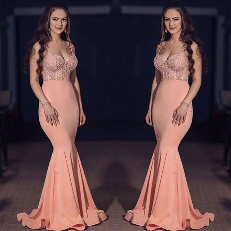 Bridelily V-neck Spaghetti Floor-length Chiffon Appliques Mermaid Prom Dresses