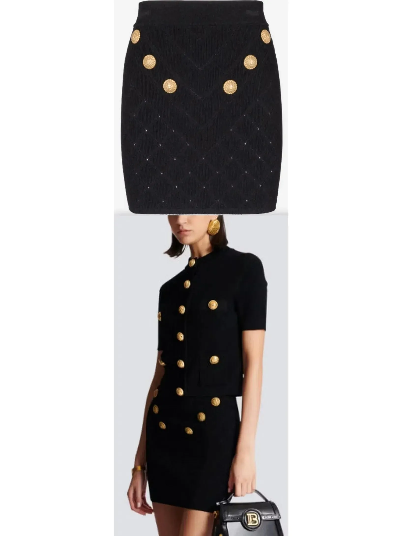 Button-Embellished Knit Mini Skirt, Black