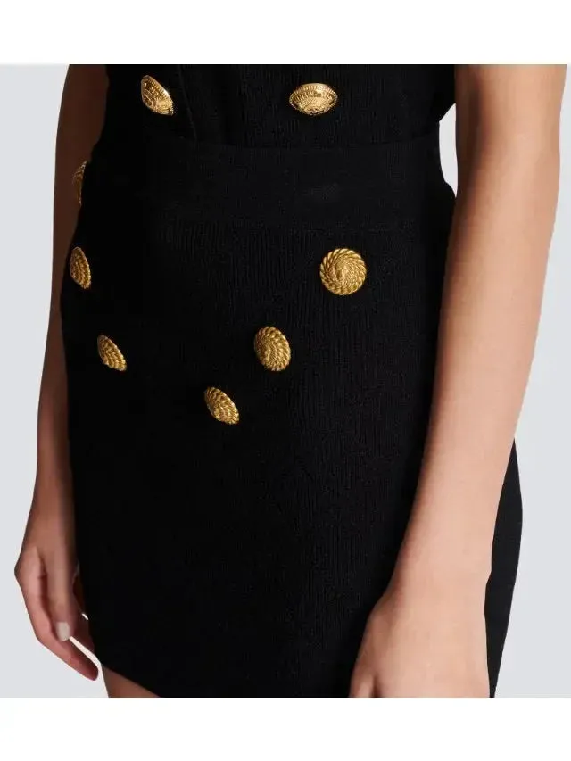 Button-Embellished Knit Mini Skirt, Black