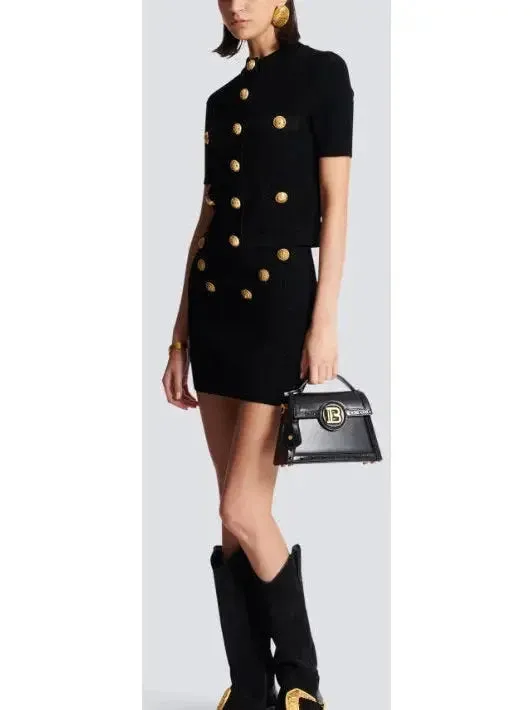 Button-Embellished Knit Mini Skirt, Black