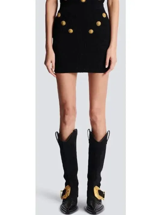 Button-Embellished Knit Mini Skirt, Black