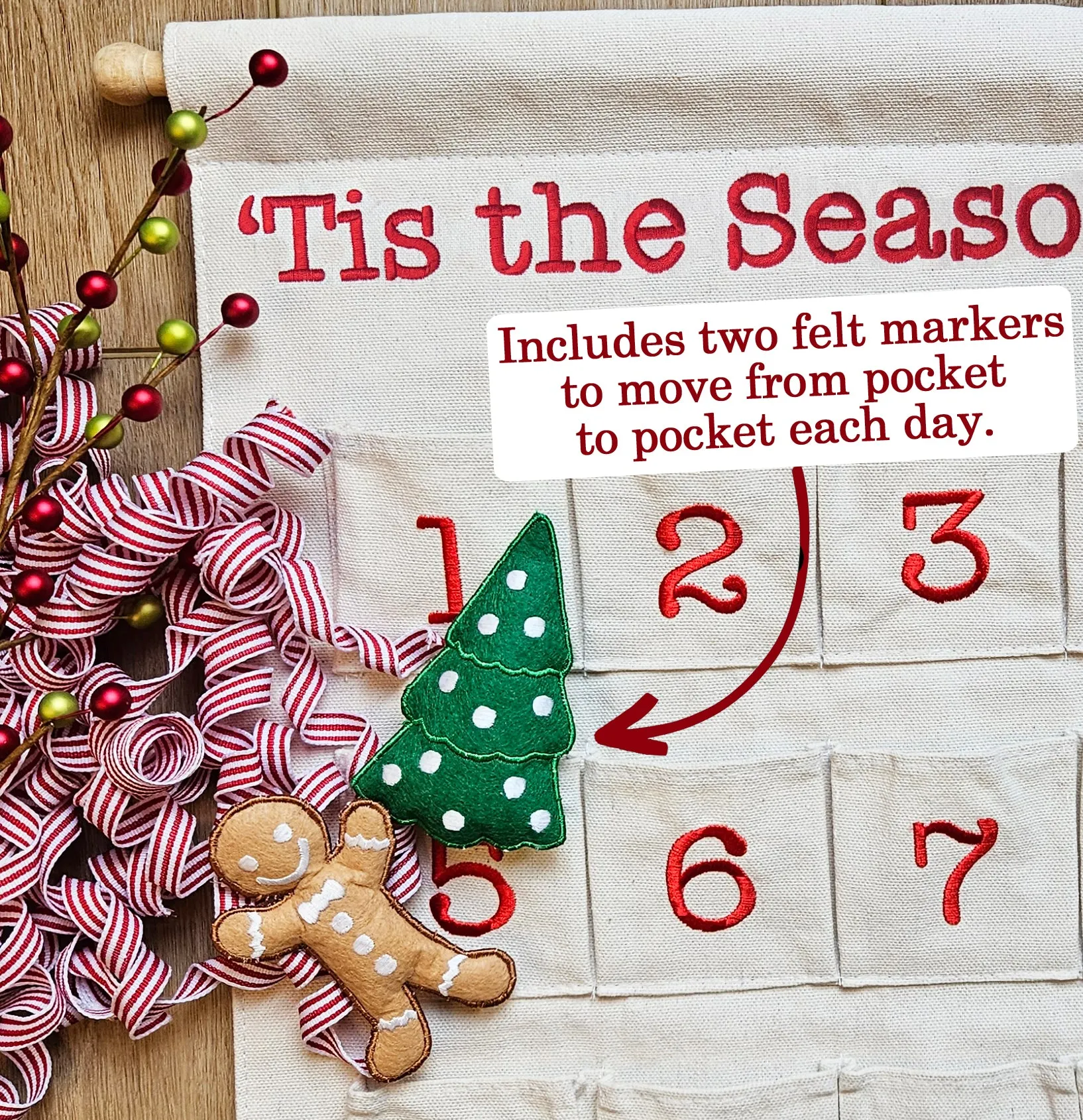 Canvas 'Tis the Season Christmas Advent Countdown Calendar Wall Hanging for Families and Kids with Felt Markers by Pockets of Learning