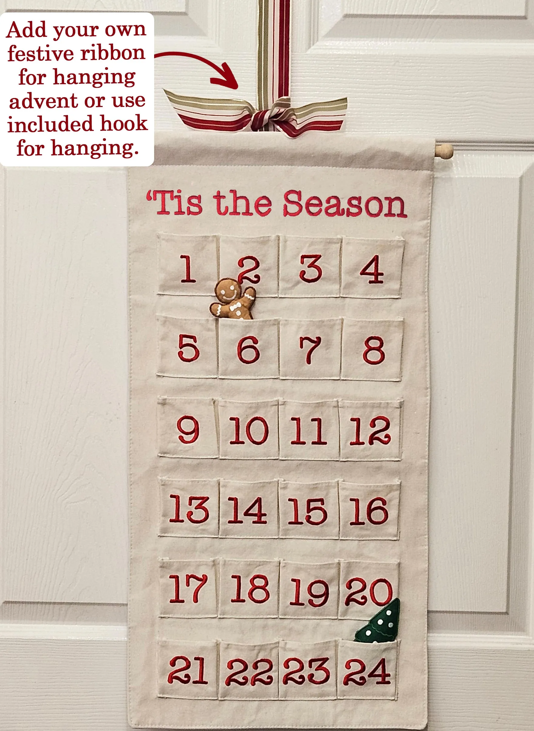 Canvas 'Tis the Season Christmas Advent Countdown Calendar Wall Hanging for Families and Kids with Felt Markers by Pockets of Learning