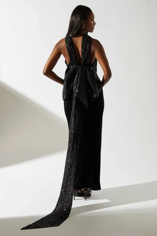 Contrast Sequin Cross Neck Bow Velvet Gown Wedding Guest Dresses Evening Dresses