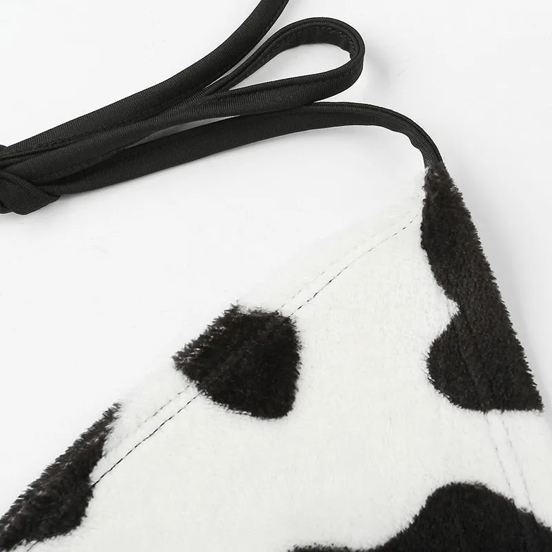 Cow Print Strapless Sexy Woolen Crop Top Rave Party Backless Bikini