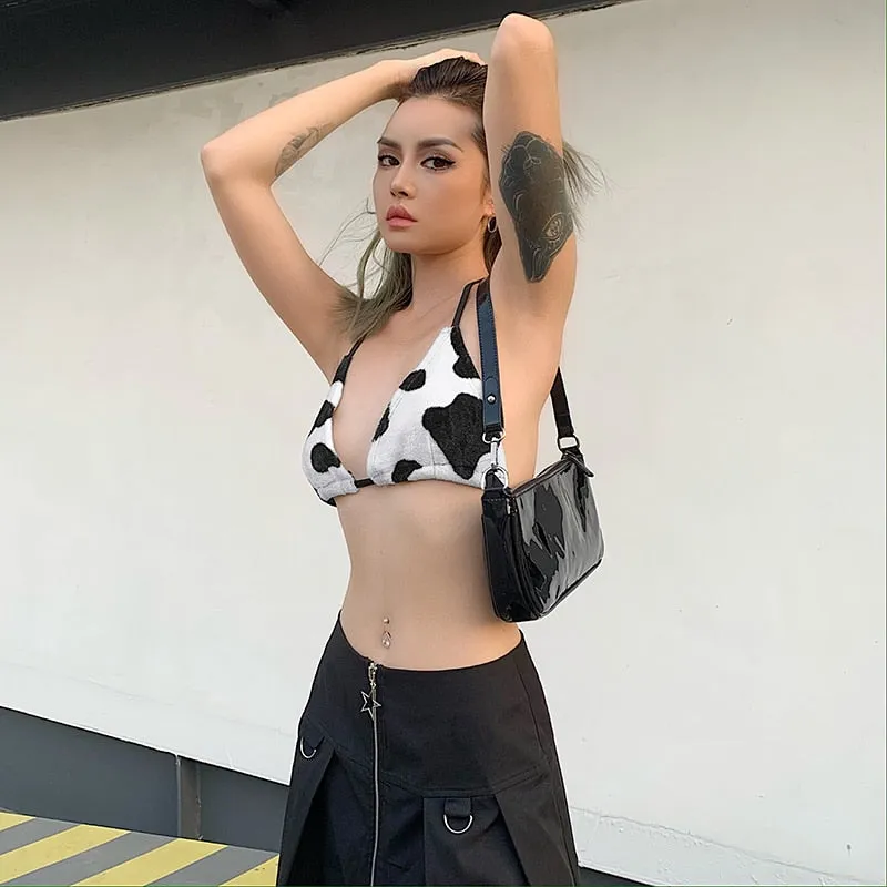 Cow Print Strapless Sexy Woolen Crop Top Rave Party Backless Bikini