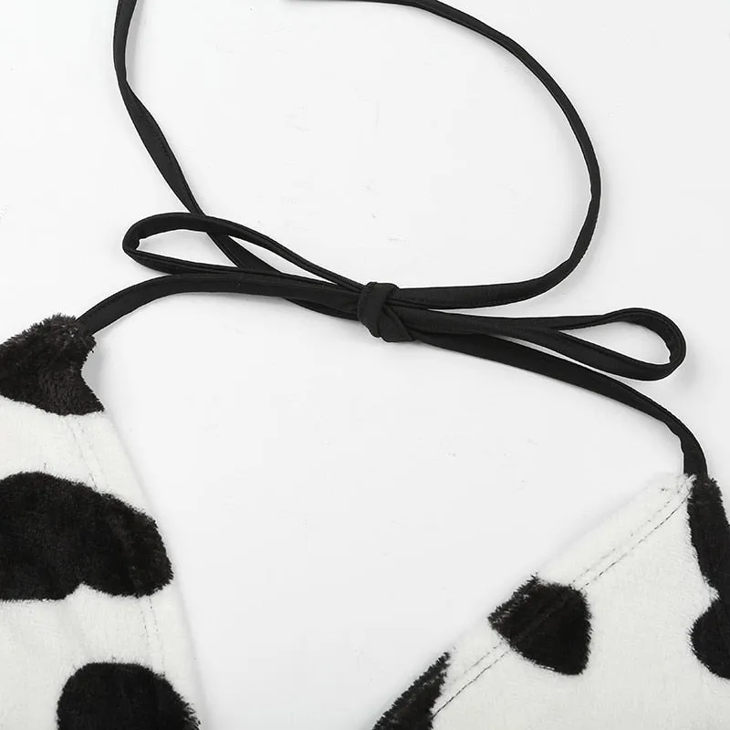 Cow Print Strapless Sexy Woolen Crop Top Rave Party Backless Bikini