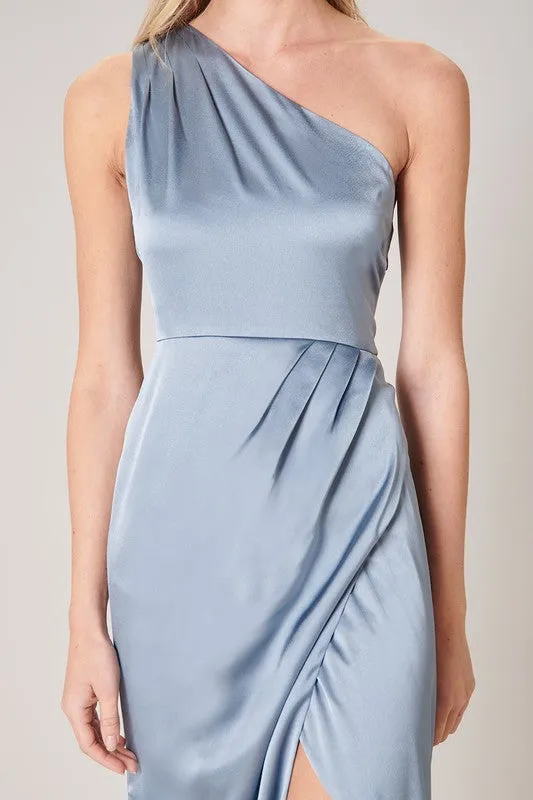 Dusty-Blue Prestige One Shoulder Asymmetrical Maxi Dress