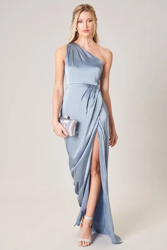 Dusty-Blue Prestige One Shoulder Asymmetrical Maxi Dress