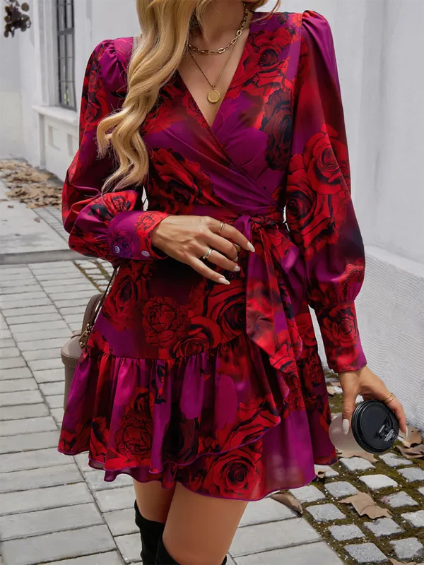 Fall Rose-Print Wrap Dress