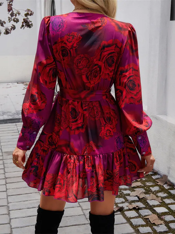 Fall Rose-Print Wrap Dress