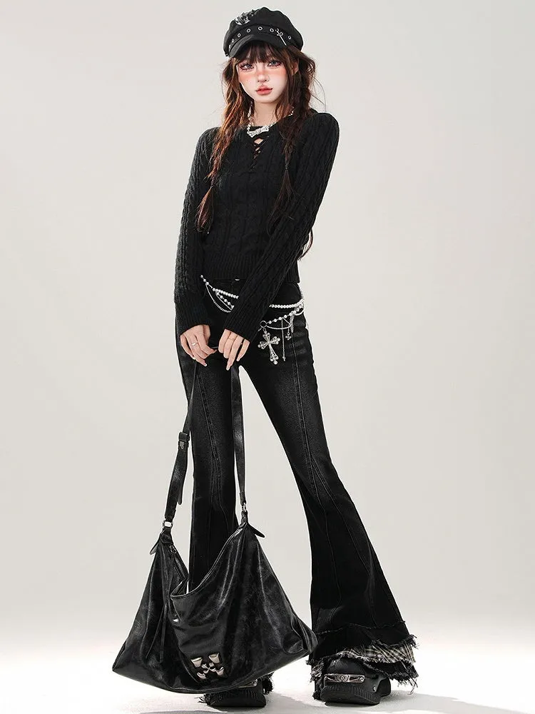 Fishtail Patchwork Plaid Black Cuffs Jeans