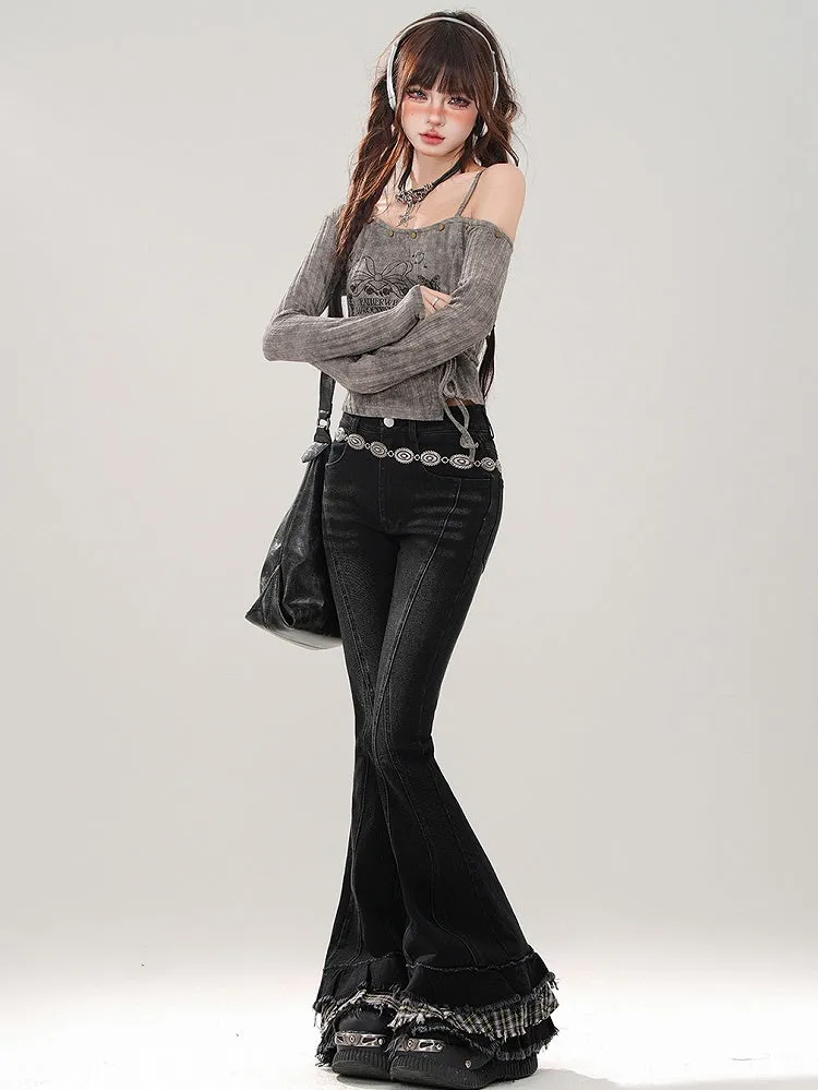 Fishtail Patchwork Plaid Black Cuffs Jeans