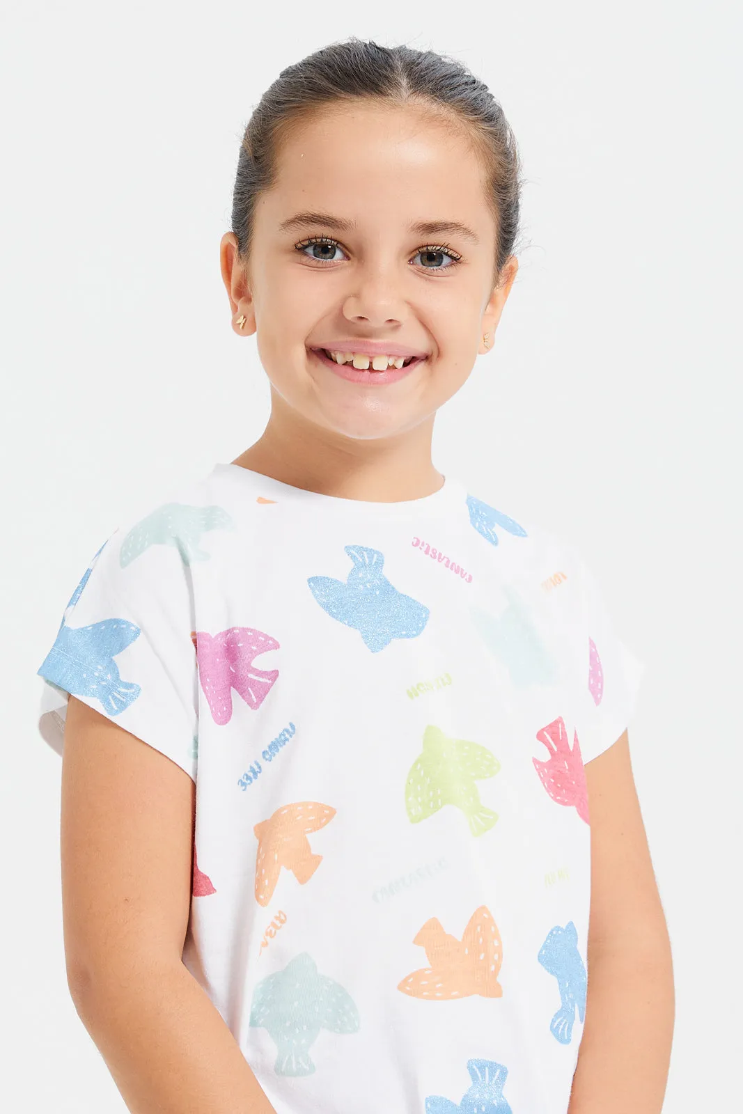 Girls White Bird Embellished T-Shirt