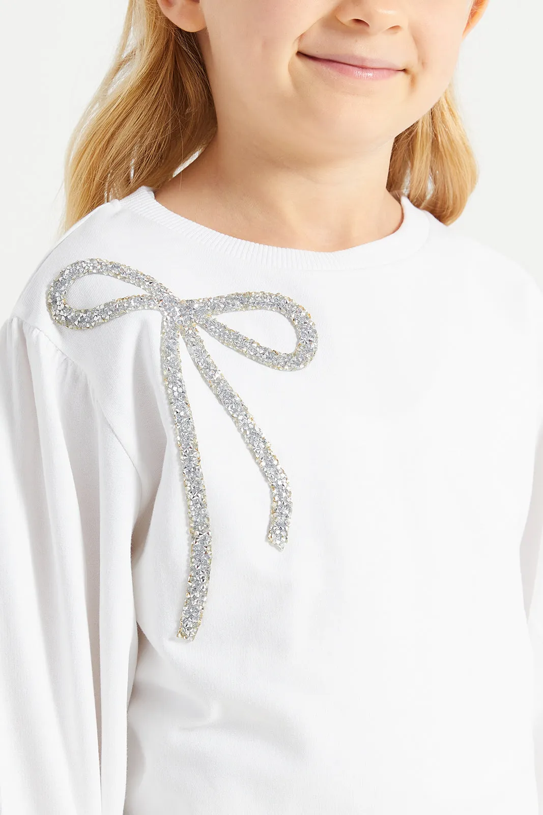 Girls White Bow Embellished T-Shirt