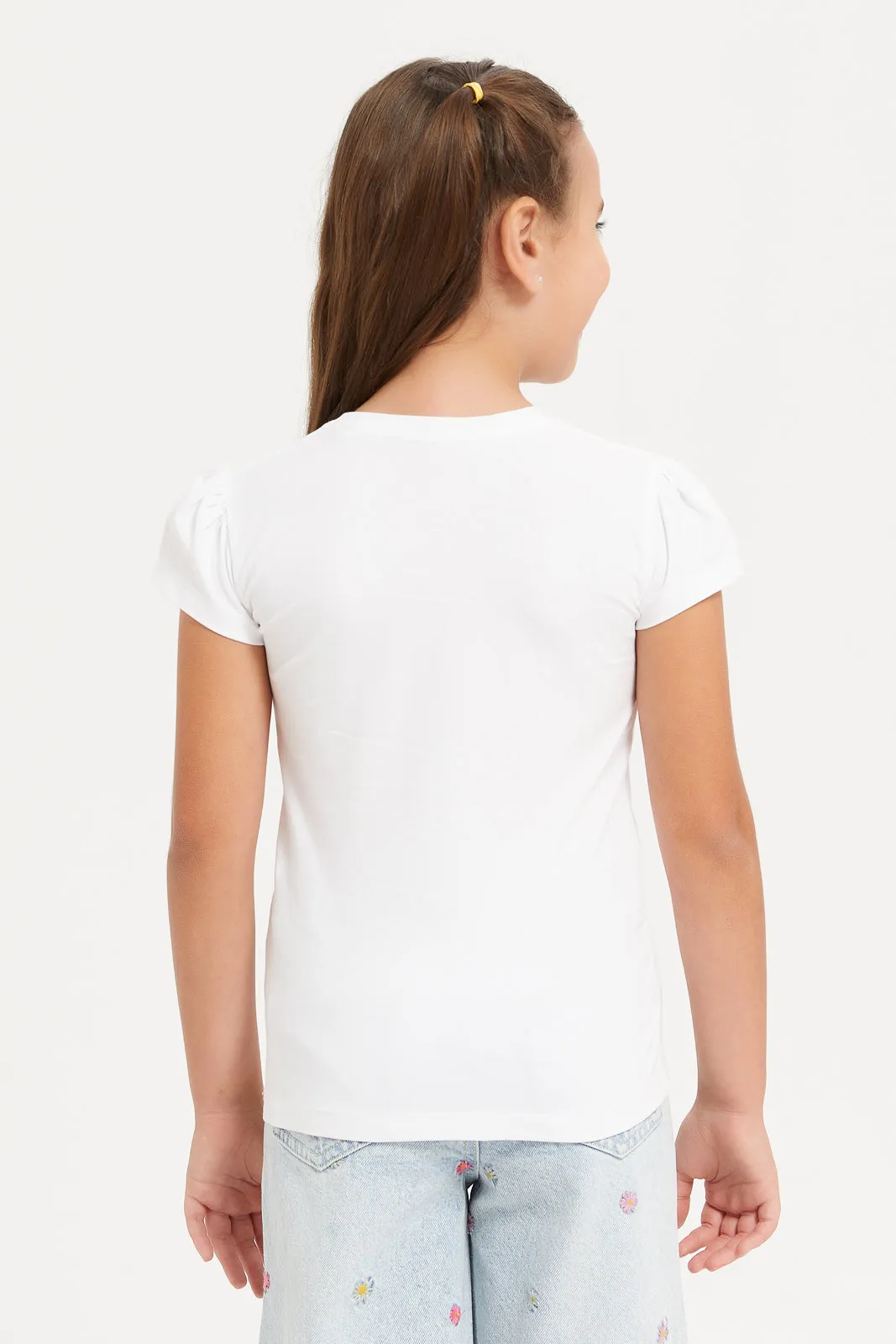 Girls White Heart Sequins T-Shirt