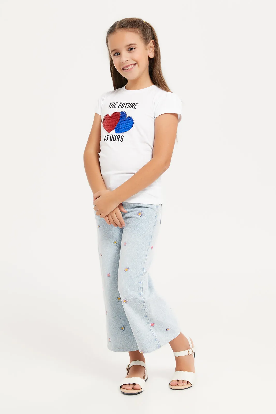 Girls White Heart Sequins T-Shirt