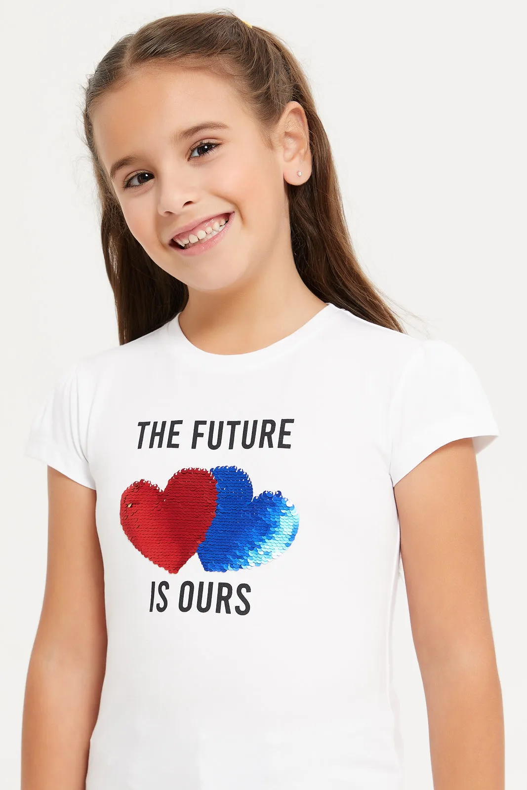 Girls White Heart Sequins T-Shirt