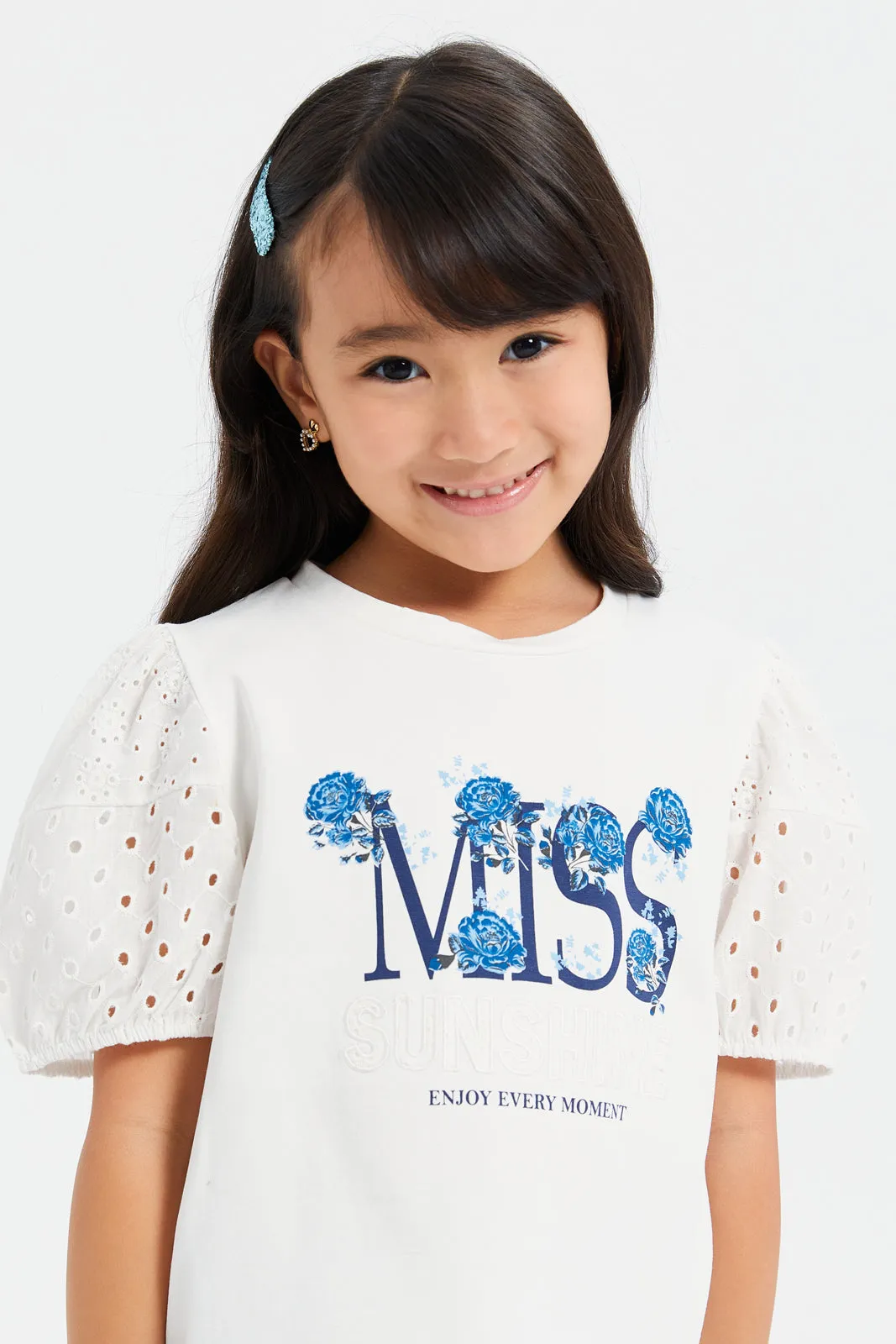 Girls White Puff Sleeve Top