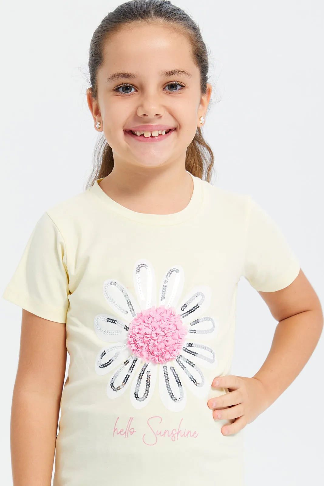Girls Yellow Embellished T-Shirt