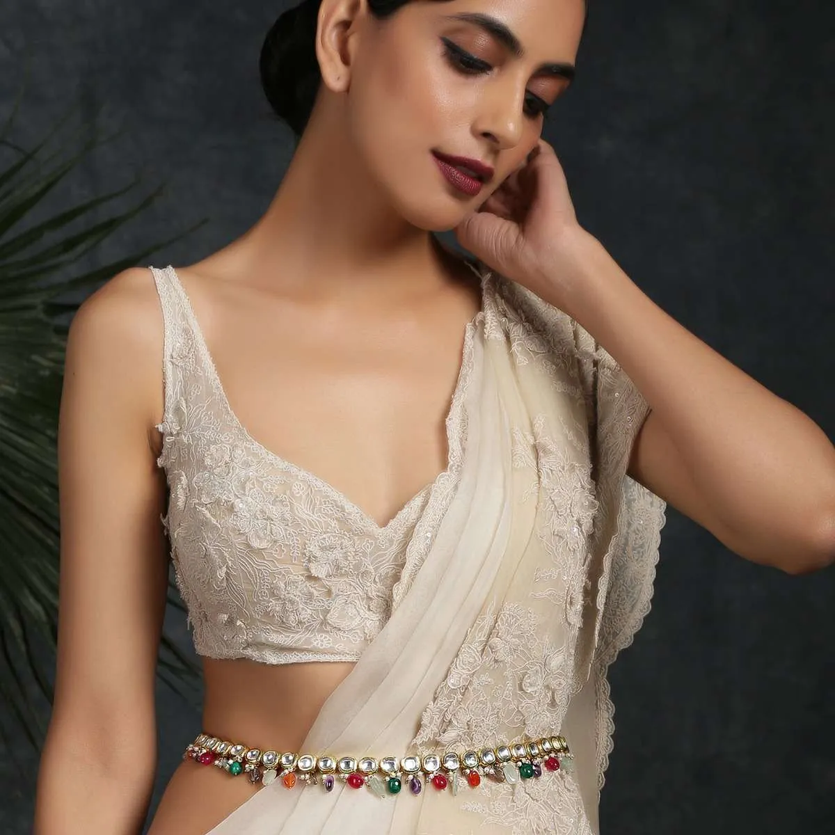 Gold Plated Polki Waist belt With High Grade Shell Pearls And Dangling Multicolored Semi Precious Stones By Paisley Pop
