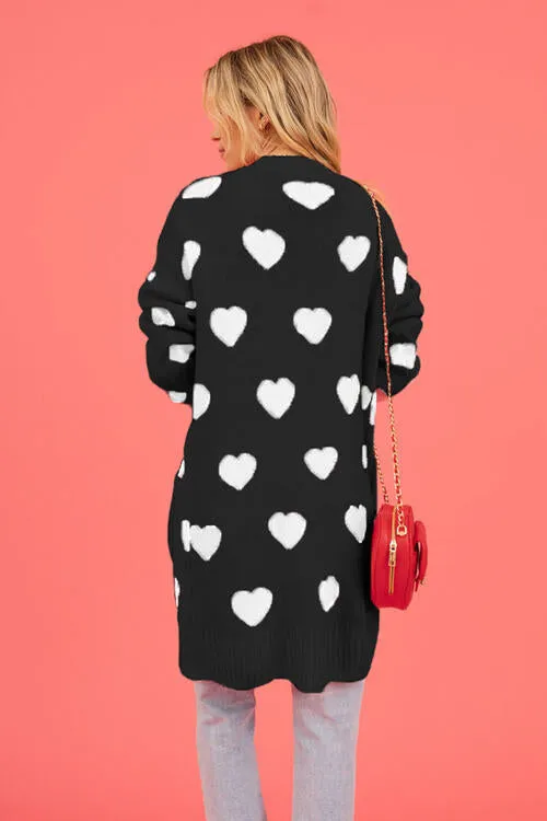 Heart Graphic Open Front Cardigan with Pockets - 4 Colors