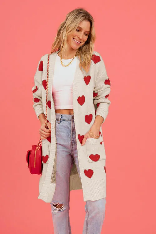Heart Graphic Open Front Cardigan with Pockets - 4 Colors