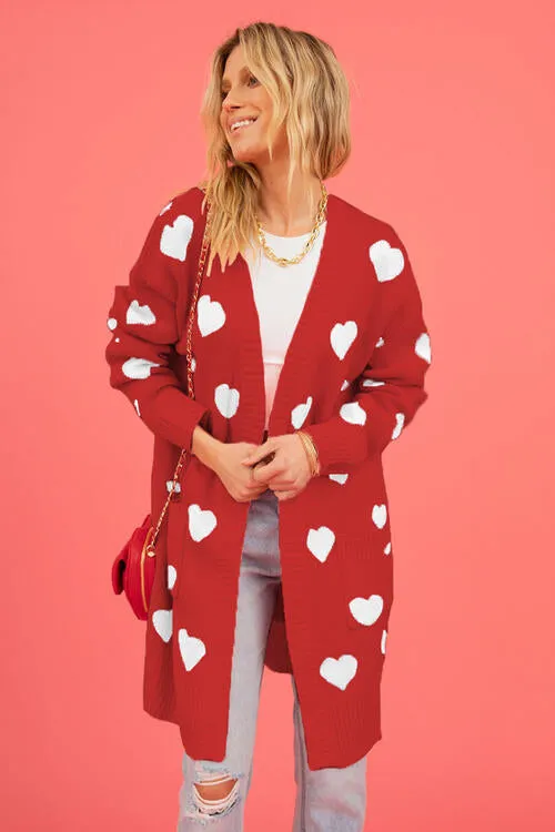Heart Graphic Open Front Cardigan with Pockets - 4 Colors