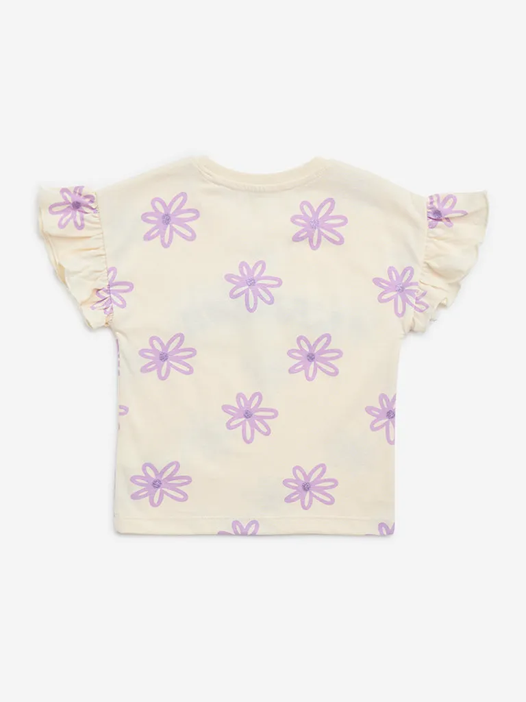 HOP Kids Light Yellow Floral Pattern Cotton T-Shirt