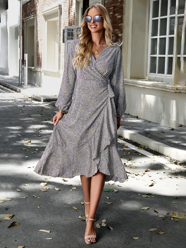 Long-Sleeve Floral Wrap Midi Dress