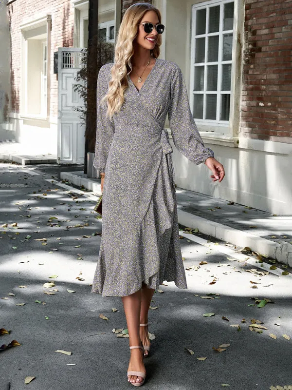 Long-Sleeve Floral Wrap Midi Dress