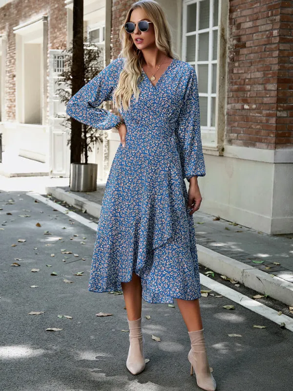 Long-Sleeve Floral Wrap Midi Dress