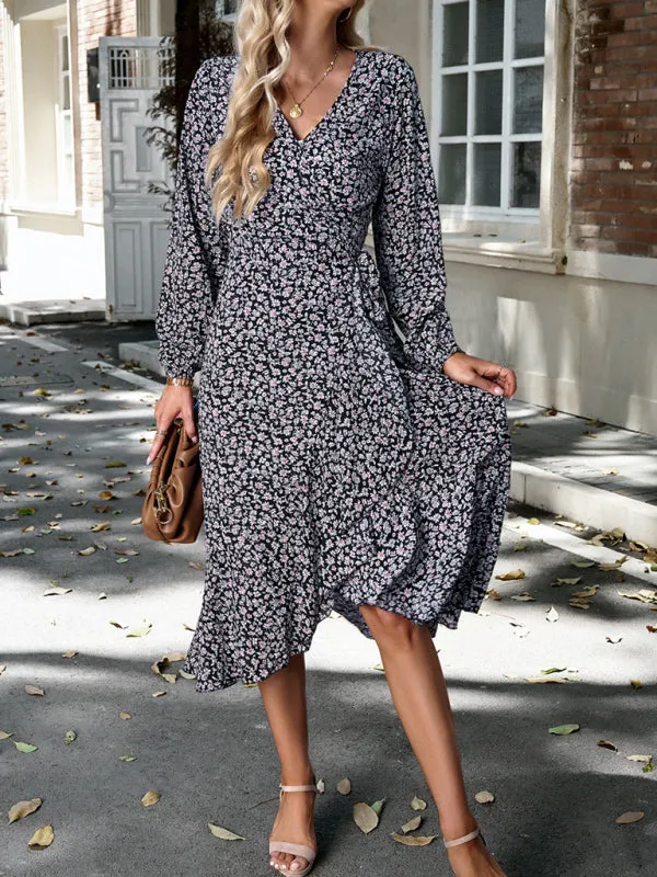 Long-Sleeve Floral Wrap Midi Dress