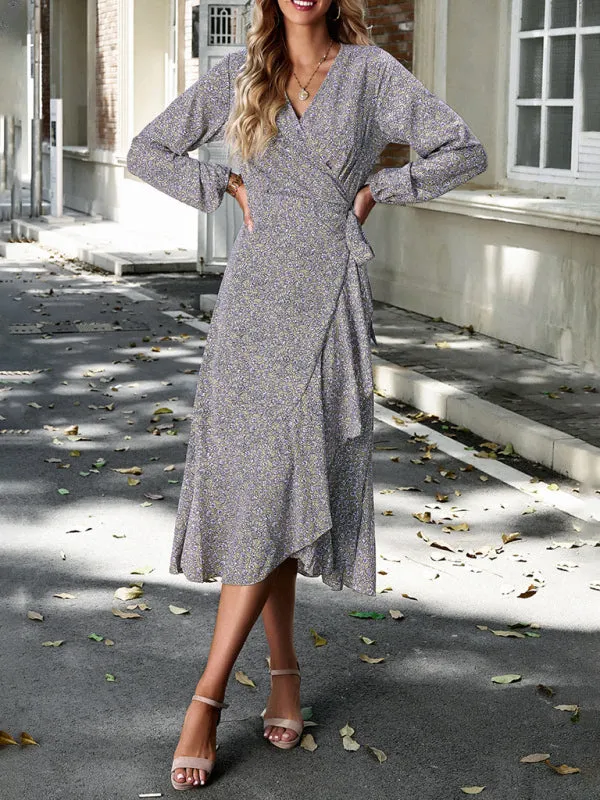 Long-Sleeve Floral Wrap Midi Dress