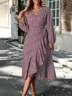 Long-Sleeve Floral Wrap Midi Dress