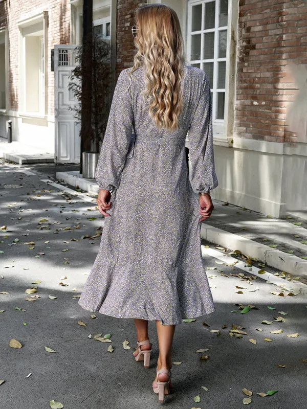 Long-Sleeve Floral Wrap Midi Dress