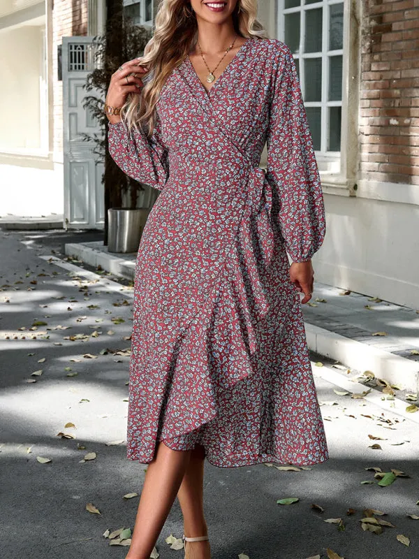 Long-Sleeve Floral Wrap Midi Dress