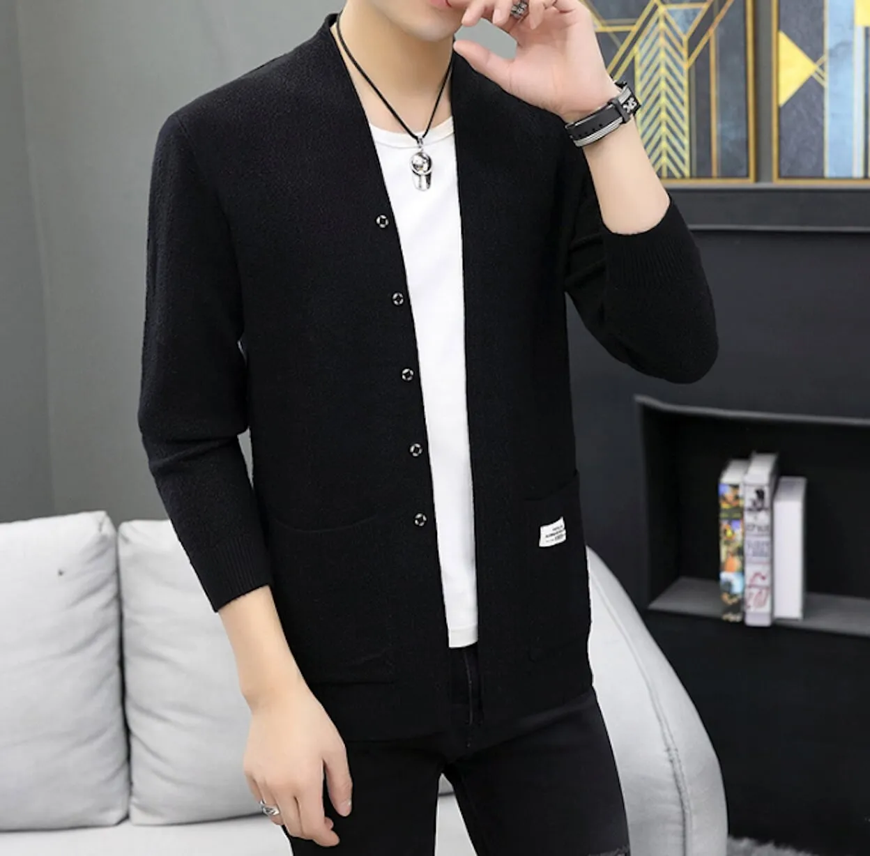 Mens Snap Buttons Cardigan with Pockets