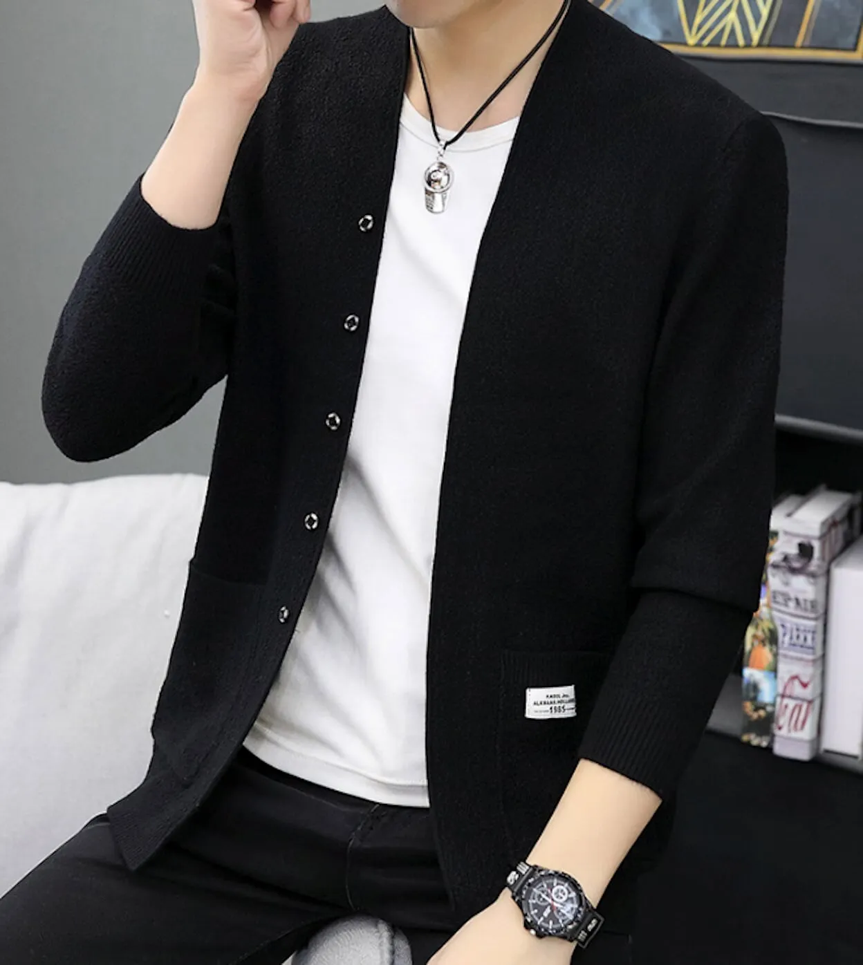 Mens Snap Buttons Cardigan with Pockets