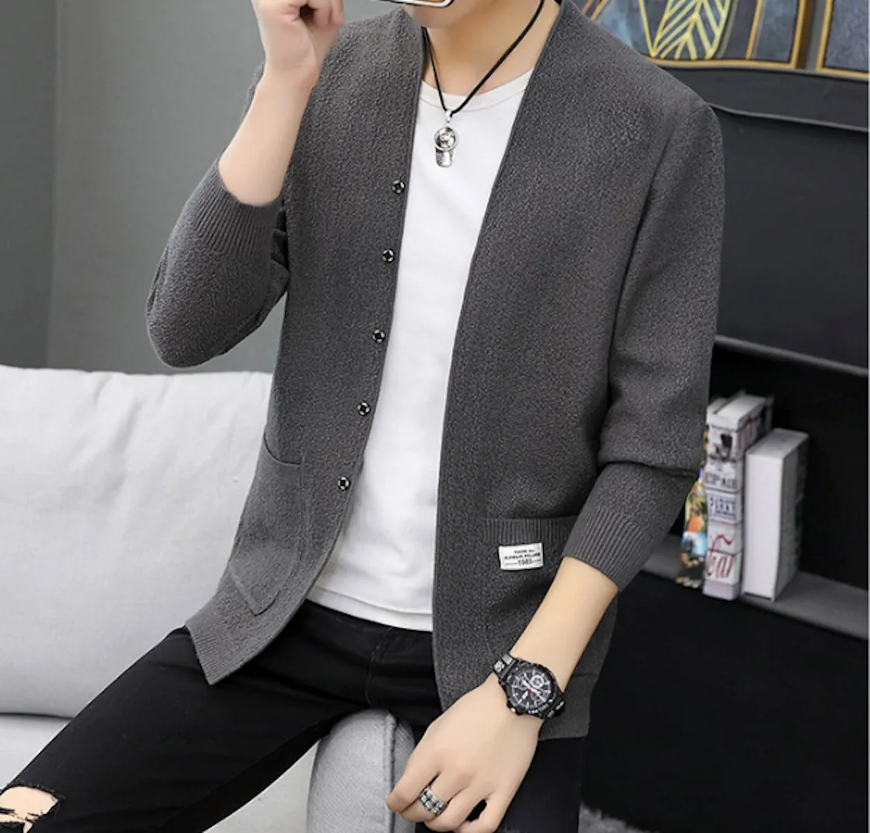 Mens Snap Buttons Cardigan with Pockets
