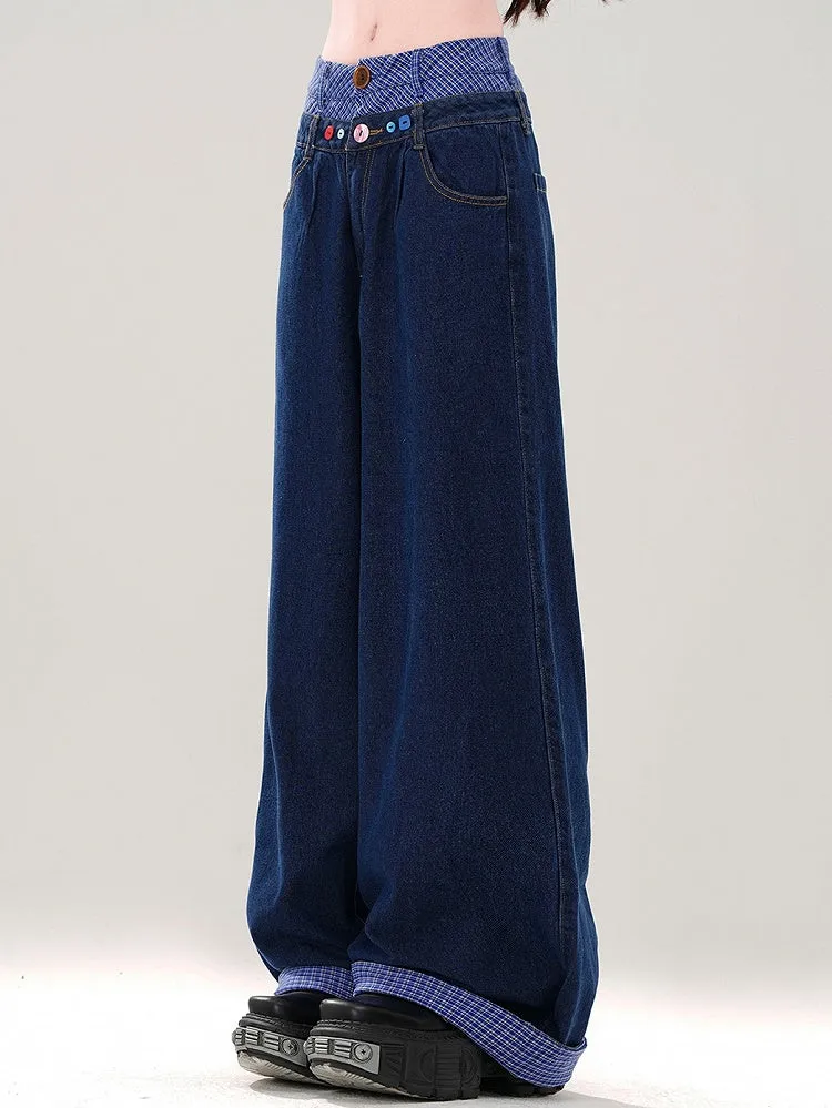 Navy Blue Plaid Patchwork Waist and Cuffs Wide-leg Cut Jeans