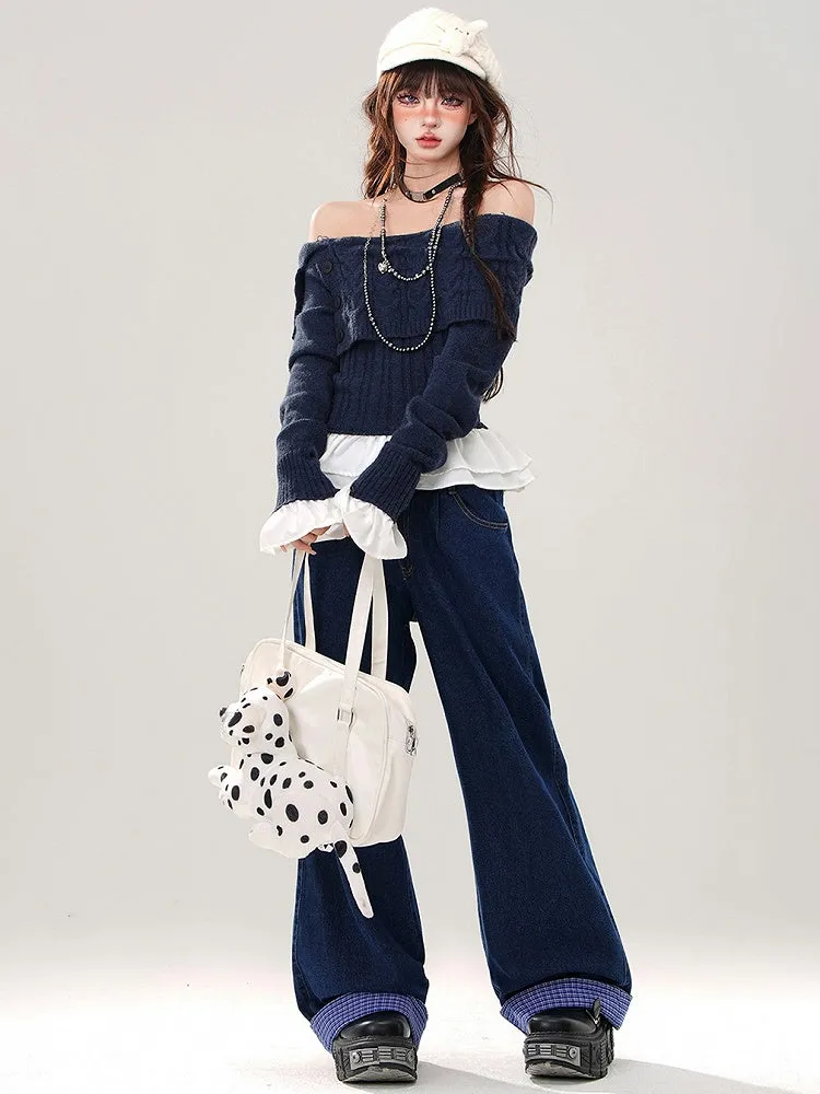 Navy Blue Plaid Patchwork Waist and Cuffs Wide-leg Cut Jeans