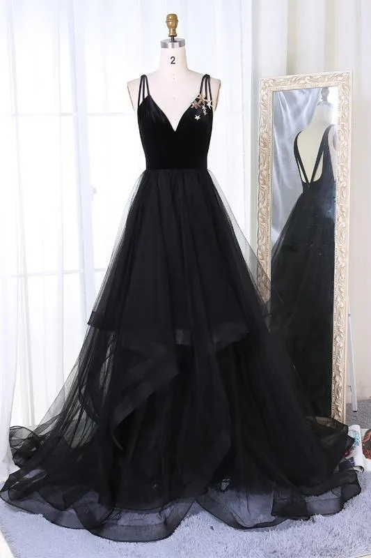 New Arrival A-Line V-Neck Black Velvet Up Tulle Backless Sleeveless Long Prom Dresses Sexy Evening Dresses